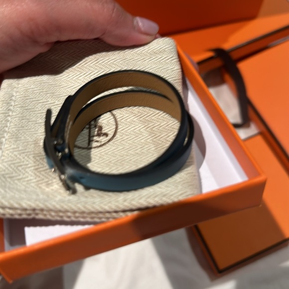 BNIB Authentic Hermes Behapi Double Tour Bracelet Blue Jean/Biscuit Palladium HW - Picture 2 of 9